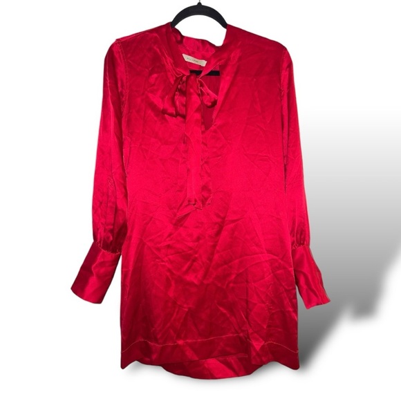 Nili Lotan Red Silk Satin Tie Front Dress 100% Luxe Long Sleeve Women's Small - Picture 1 of 7